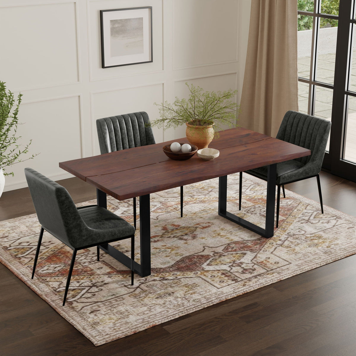 Solid acacia wood dining table with iron legs by HouseOfZazla, four-seat table with gray chairs on Tampa Home & Garden Store