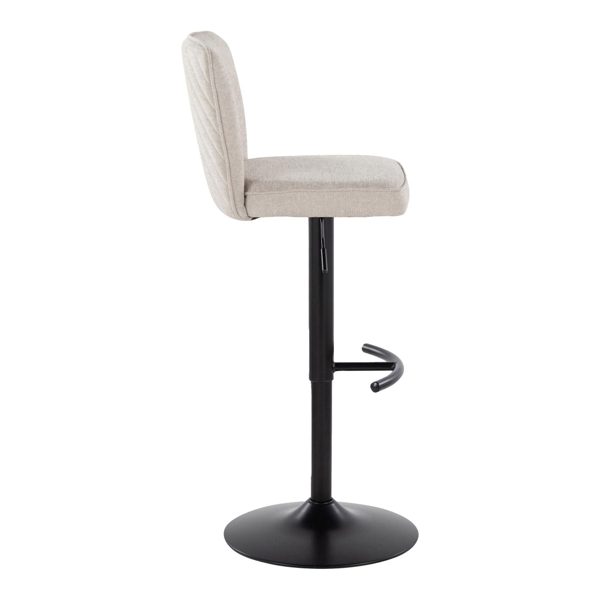 Beige fabric barstool with swivel and rounded T-footrest on black pedestal base on Tampa Home & Garden Store