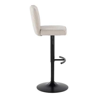 Beige fabric barstool with swivel and rounded T-footrest on black pedestal base on Tampa Home & Garden Store