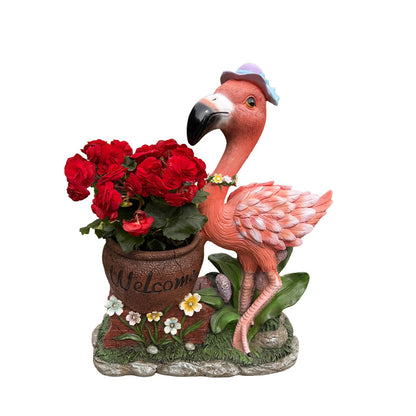 Garden Flamingo Flower Pot statue HouseOfZazla, pink flamingo with Welcome pot and red roses on Tampa Home & Garden Store