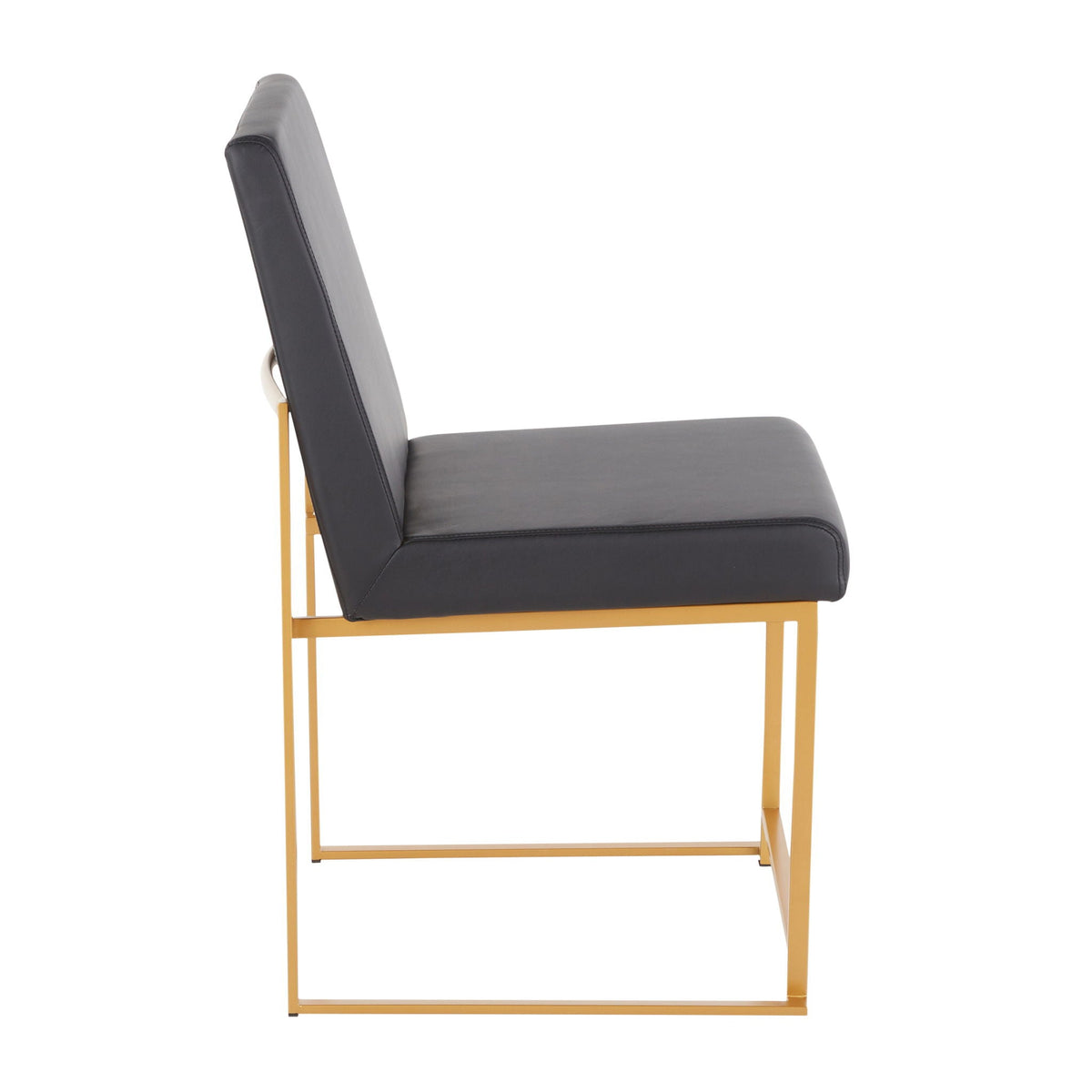 Contemporary high-back dining chair with upholstered black seat and back, gold metal legs on Tampa Home & Garden Store