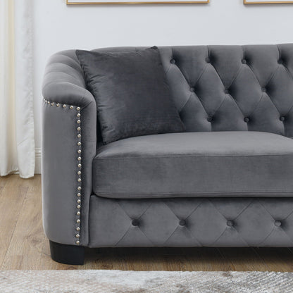Modern Chesterfield Sofa by HouseOfZazla in dark gray velvet with tufted back and nailhead trim on Tampa Home & Garden Store