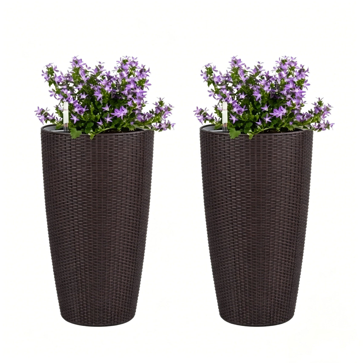 Tall planters pair by HouseOfZazla, dark wicker, purple flowers, water level monitor on Tampa Home & Garden Store