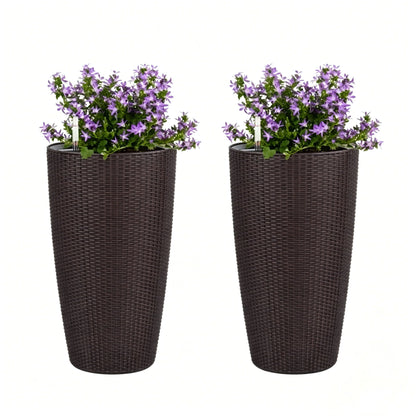 Tall planters pair by HouseOfZazla, dark wicker, purple flowers, water level monitor on Tampa Home & Garden Store