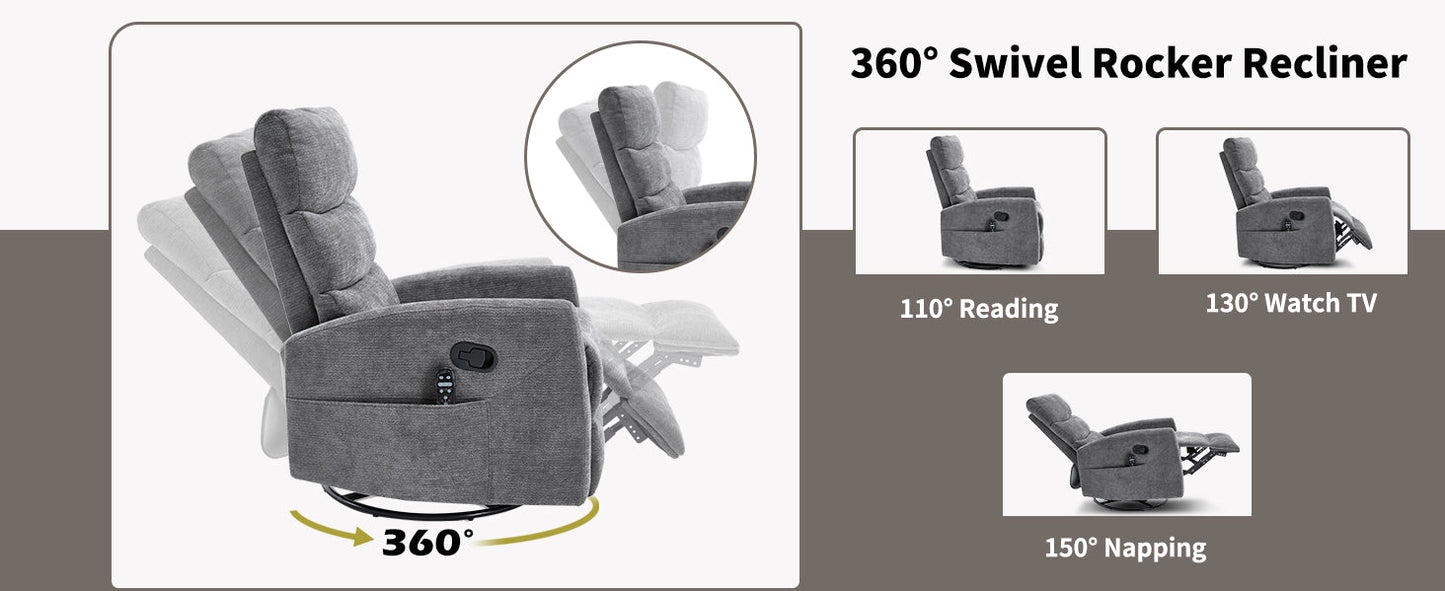 Heat Massage Manual Recliner Chair by HouseOfZazla, grey fabric, 360° swivel rocker on Tampa Home & Garden Store