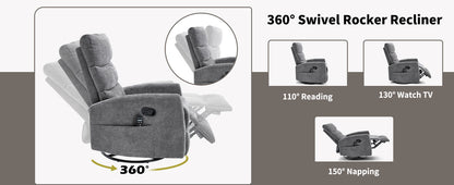 Heat Massage Manual Recliner Chair by HouseOfZazla, grey fabric, 360° swivel rocker on Tampa Home & Garden Store