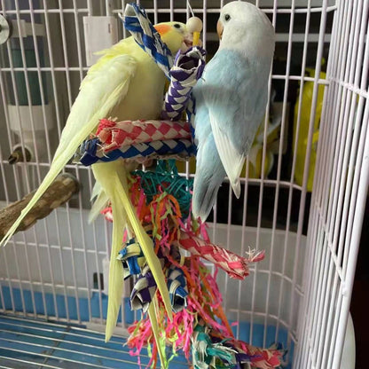 Parrot Toy Woodskin Hand-woven bird toy with colorful rope strands, two budgies perched in cage on Tampa Home & Garden Store