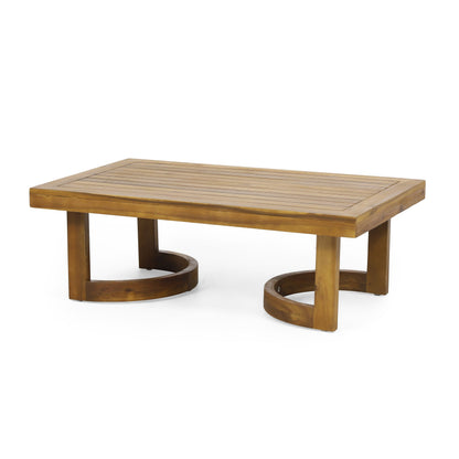 Outdoor acacia wood coffee table with slatted surface and rounded pedestal bases HouseOfZazla on Tampa Home & Garden Store