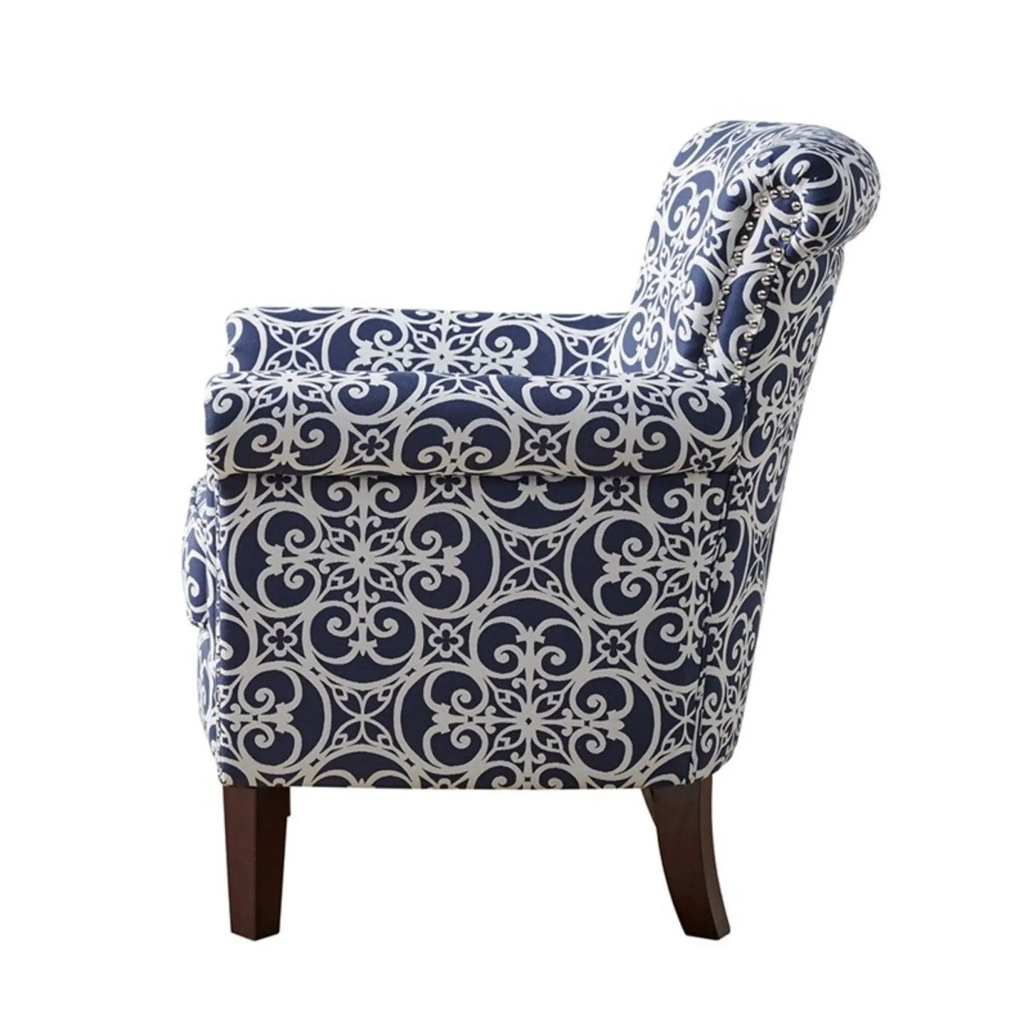 Brooke Tight Back Club Chair in navy blue damask fabric with nailhead trim and dark wood legs on Tampa Home & Garden Store