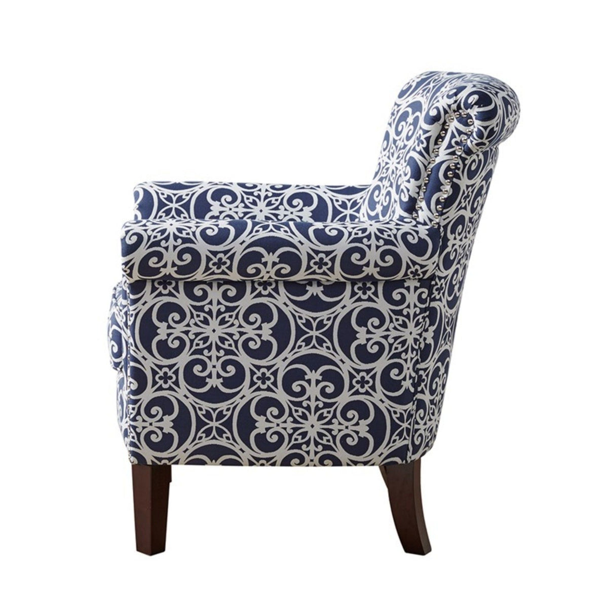 HouseOfZazla tight-back club chair in blue damask fabric with nailhead trim and dark wood legs on Tampa Home & Garden Store