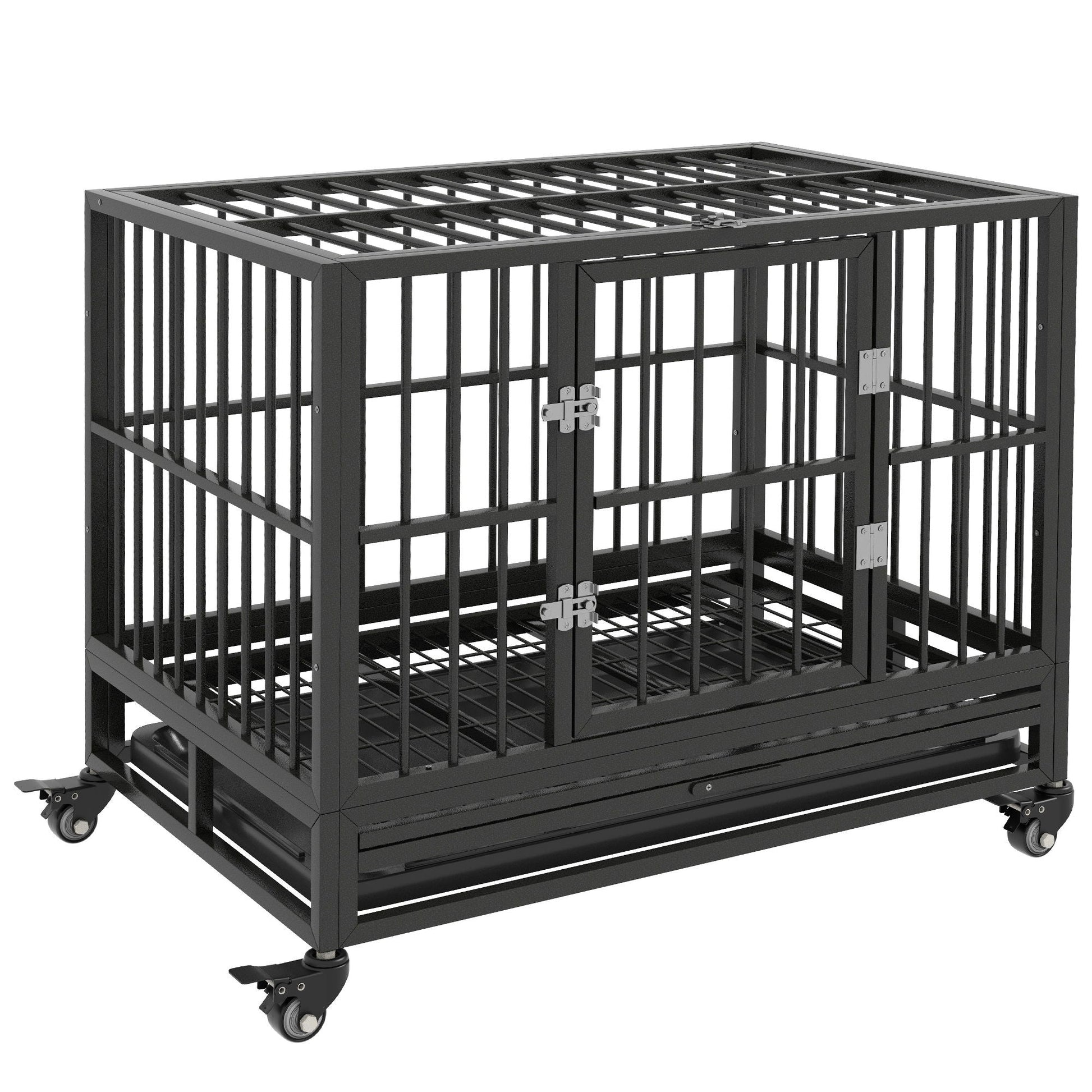 Pawhut 36in heavy duty dog crate gray with double doors, lockable wheels, removable tray on Tampa Home & Garden Store