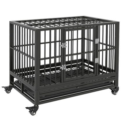 Pawhut 36in heavy duty dog crate gray with double doors, lockable wheels, removable tray on Tampa Home & Garden Store