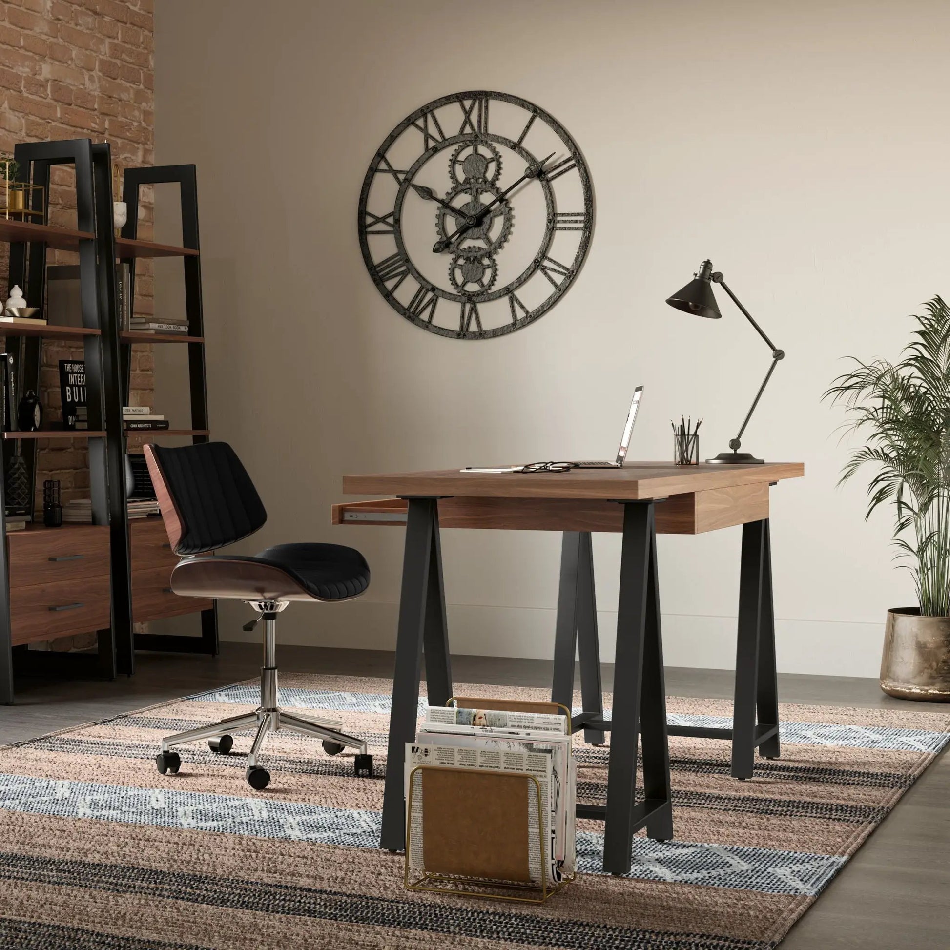 Sawhorse writing desk, handcrafted solid wood top with black metal legs in a modern office on Tampa Home & Garden Store
