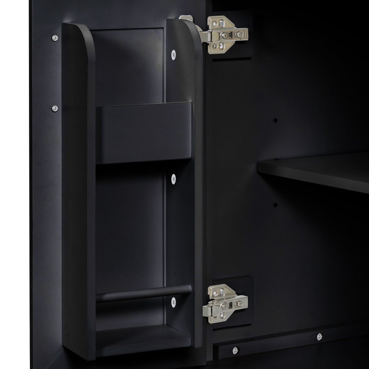 Modern Bathroom Vanity and Soft Close Cabinet black finish with exposed metal hinge hardware on Tampa Home & Garden Store