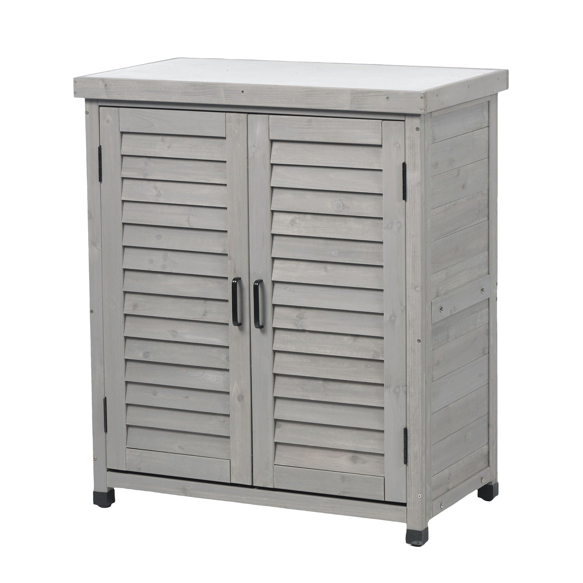 Potting bench with storage cabinet, graywashed wood, metal tabletop for outdoor use on Tampa Home & Garden Store