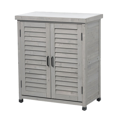 Potting bench with storage cabinet, graywashed wood, metal tabletop for outdoor use on Tampa Home & Garden Store