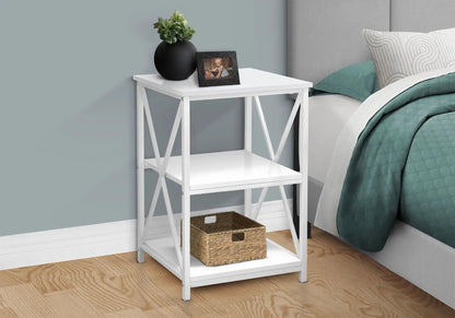 3 Tier Marble Look Accent Table with white cross-brace frame, vase and framed photo on Tampa Home & Garden Store