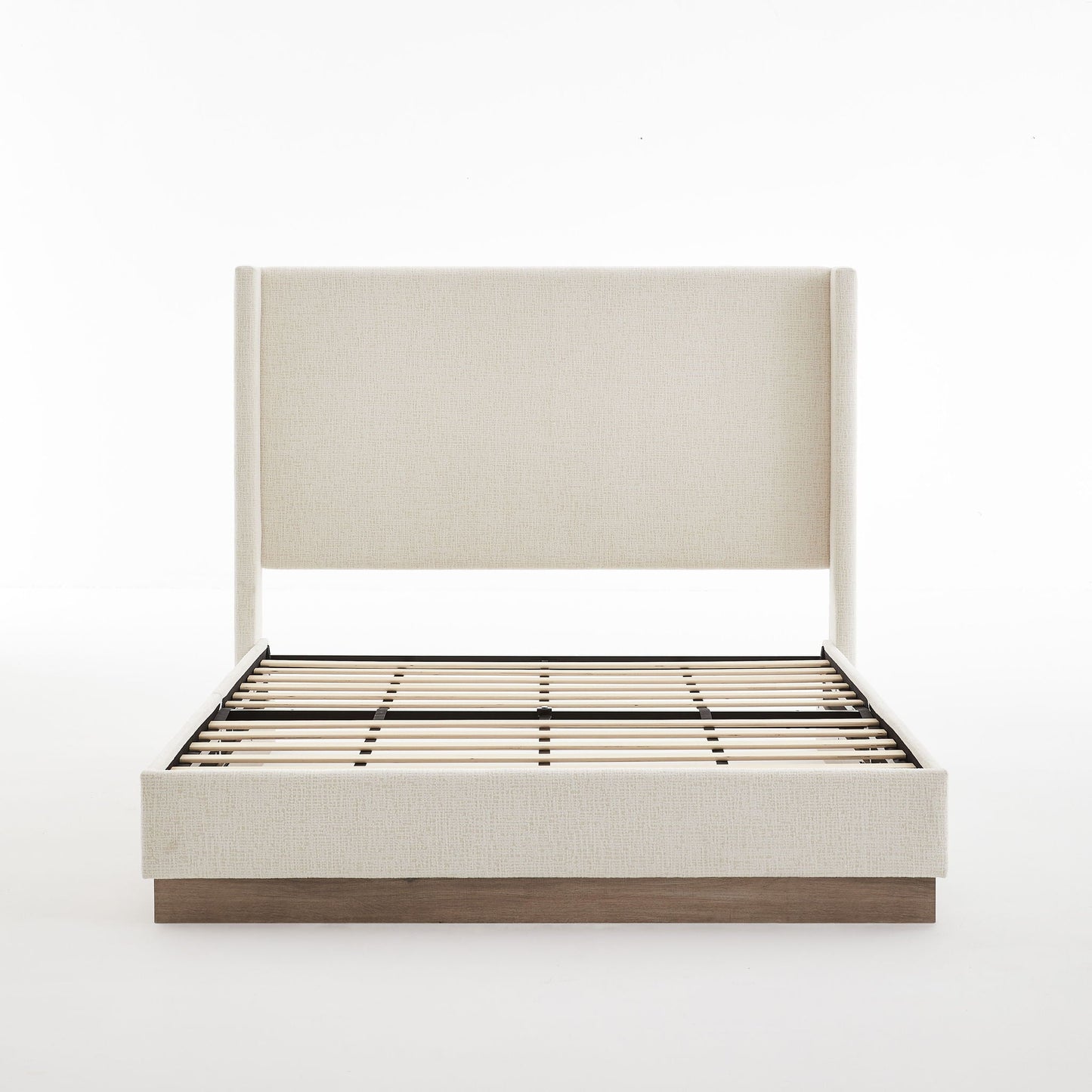 Hosford minimalist upholstered wingback bed in beige fabric with wood base platform on Tampa Home & Garden Store