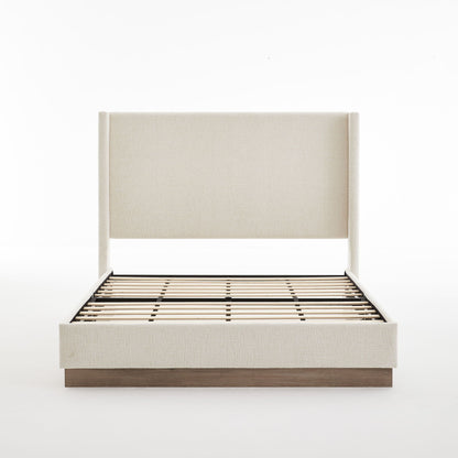 Hosford minimalist upholstered wingback bed in beige fabric with wood base platform on Tampa Home & Garden Store