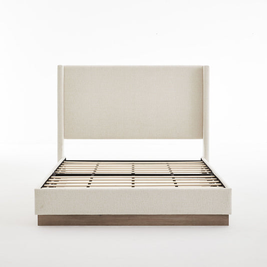 Hosford minimalist upholstered wingback bed in beige fabric with wood base platform on Tampa Home & Garden Store