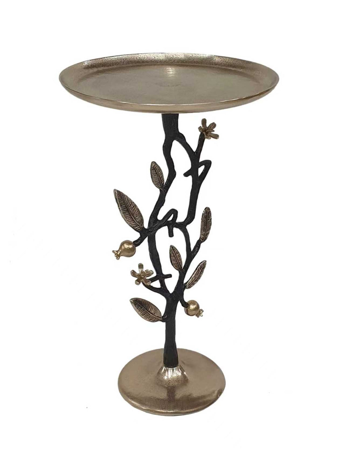 End Table HouseOfZazla, black and gold aluminum with pomegranate design, round top on Tampa Home & Garden Store