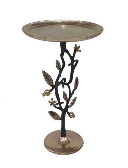 End Table HouseOfZazla, black and gold aluminum with pomegranate design, round top on Tampa Home & Garden Store