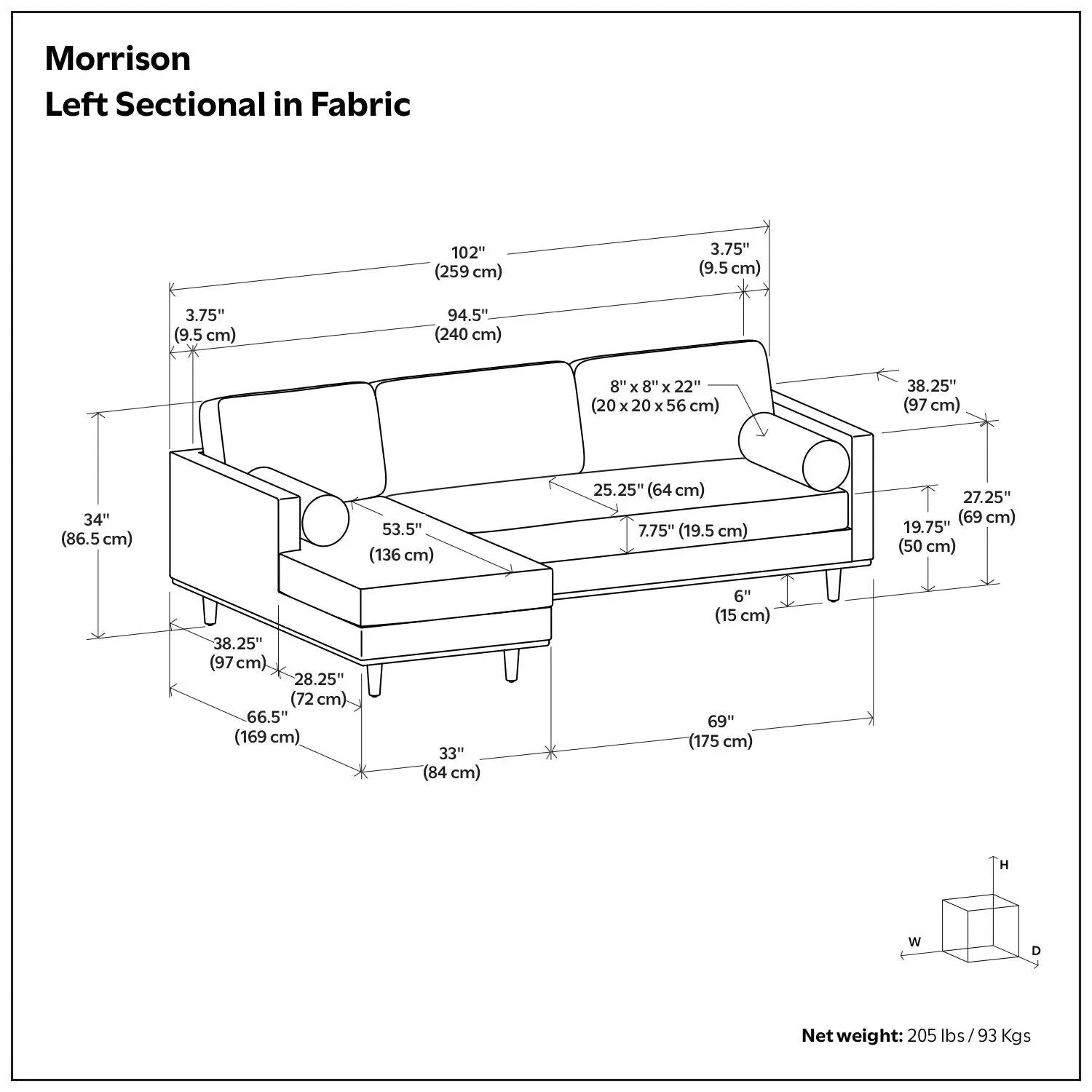 Morrison Left Sectional in Fabric, stationary left-facing sofa by Unique Piece Furniture on Tampa Home & Garden Store