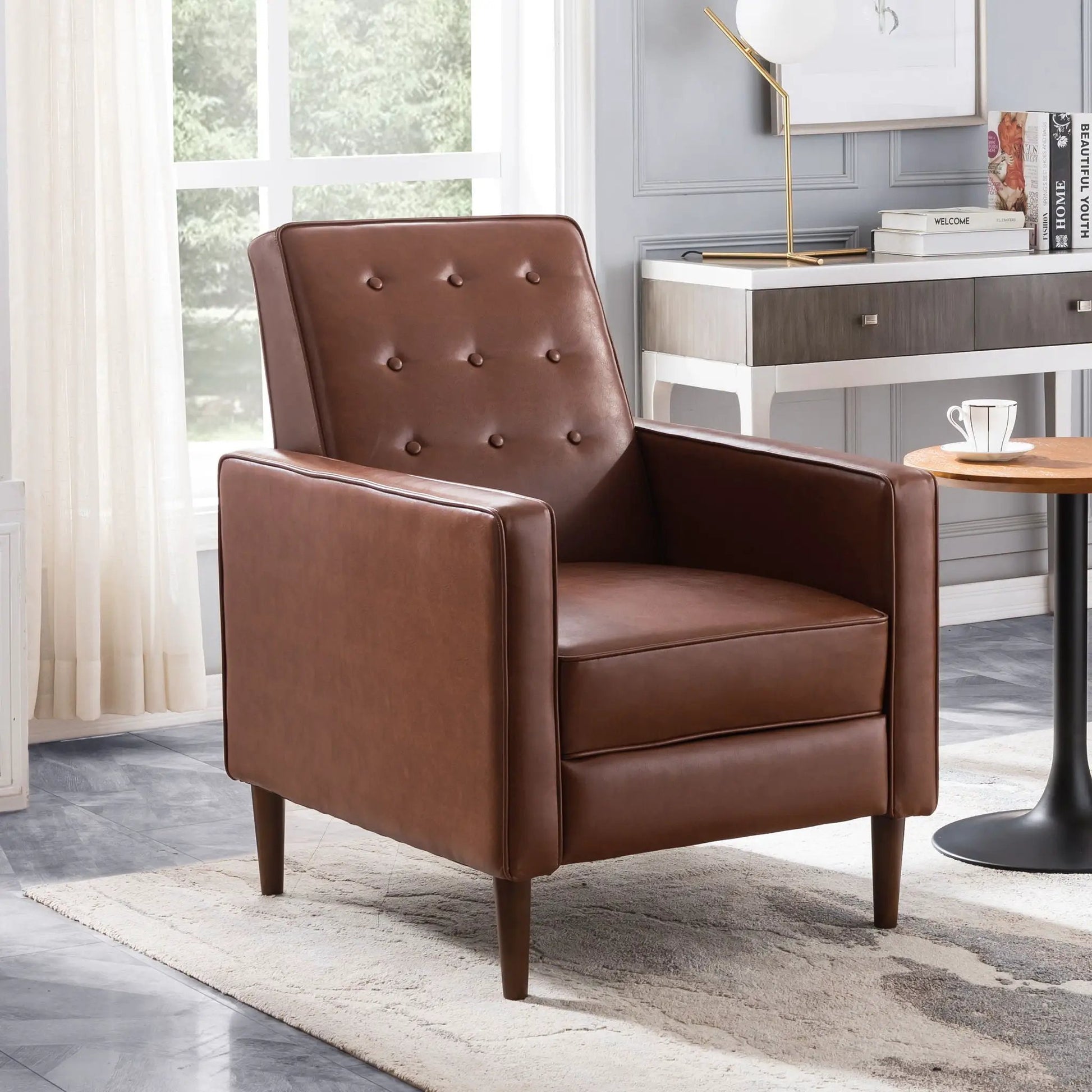 Mid-Century Modern Recliner brown leather with button tufting on Tampa Home & Garden Store