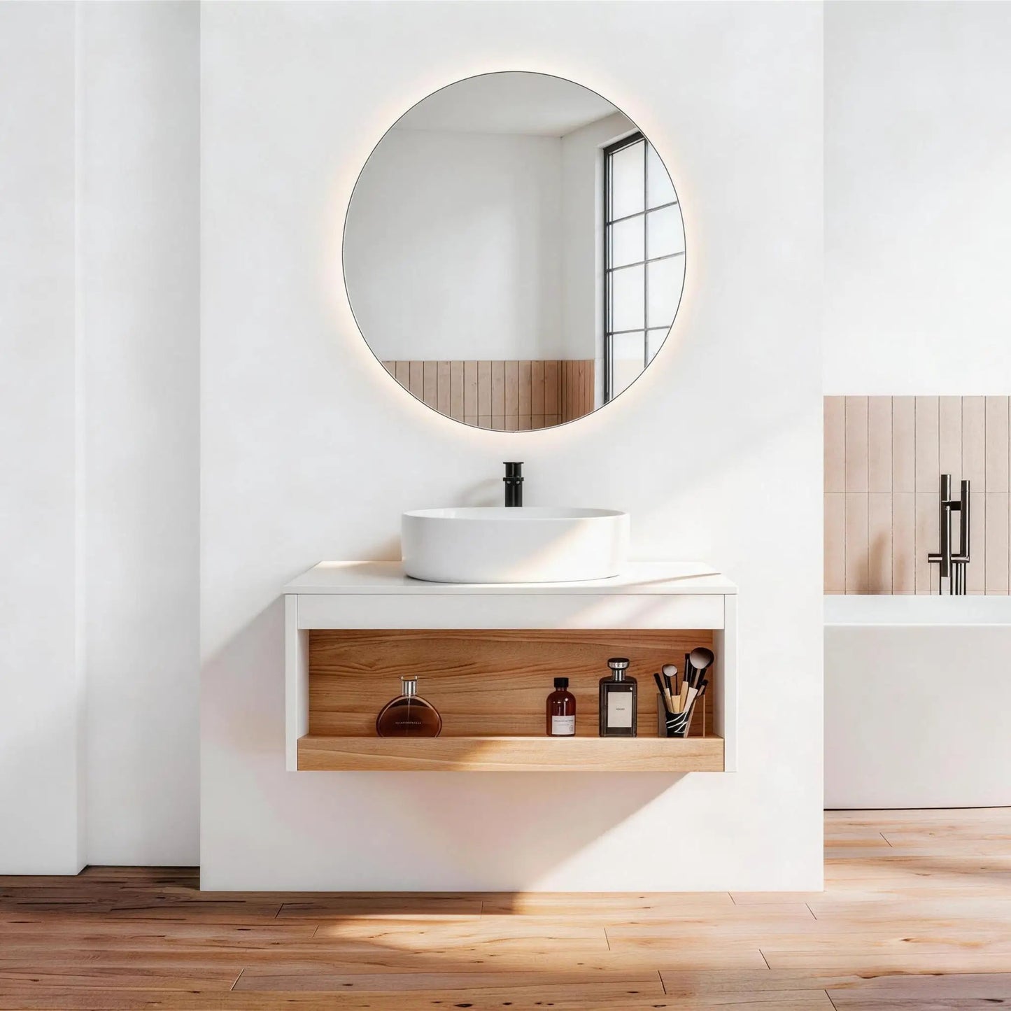 Floating vanity with glossy round vessel sink, white cabinet and wood drawer on Tampa Home & Garden Store