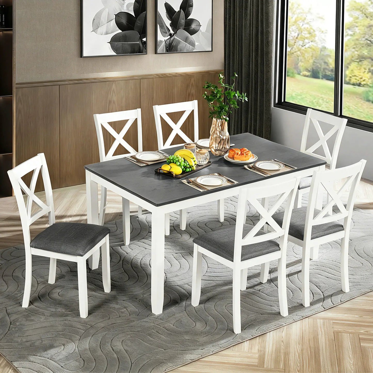 6-piece Kitchen Dining Set with rectangular dark gray table and white X-back chairs on Tampa Home & Garden Store