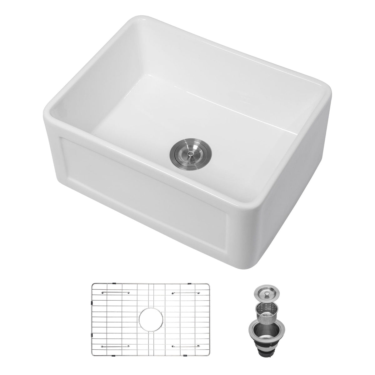 Apron-front reversible single-bowl white kitchen sink with grid and strainer on Tampa Home & Garden Store