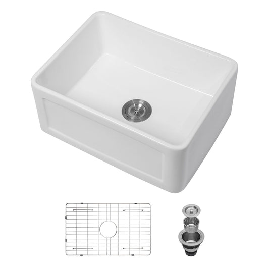 Apron-front reversible single-bowl white kitchen sink with grid and strainer on Tampa Home & Garden Store