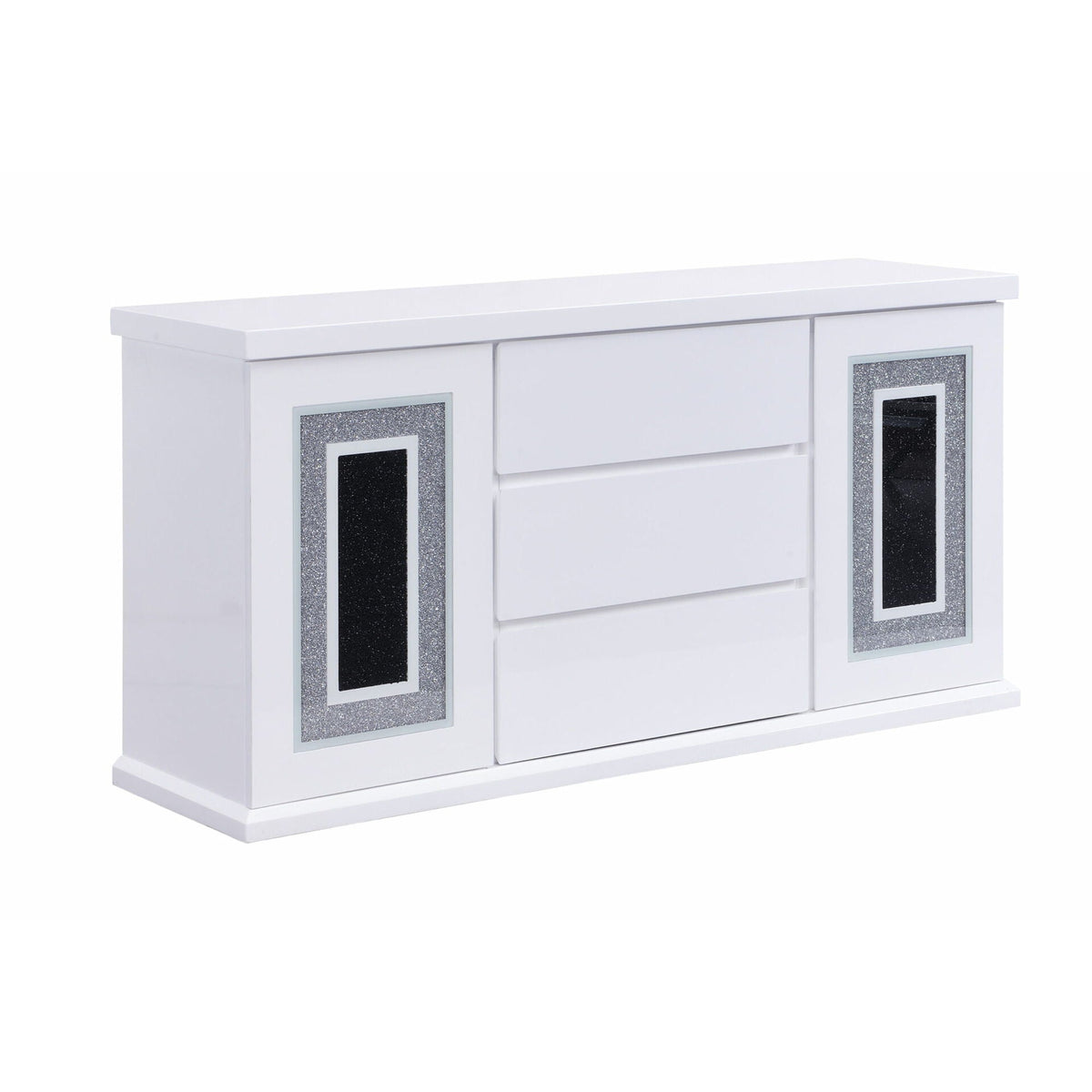 Buffet with clear glass inlay, white high-gloss finish, glitter doors, 61.8in wide on Tampa Home & Garden Store