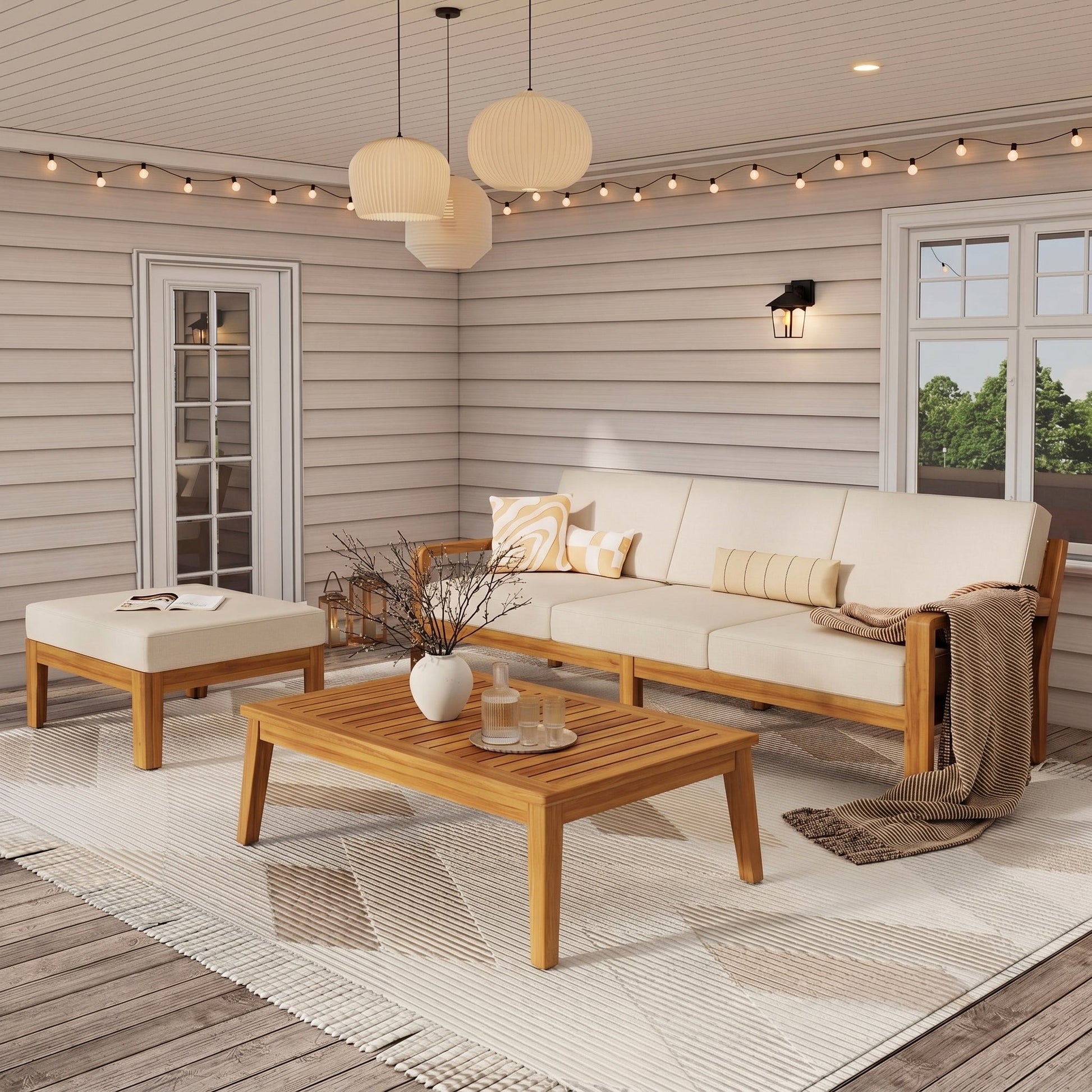 Outdoor L Shape 3pcs Acacia Wood Patio Sofa Set beige cushions HouseOfZazla on Tampa Home & Garden Store