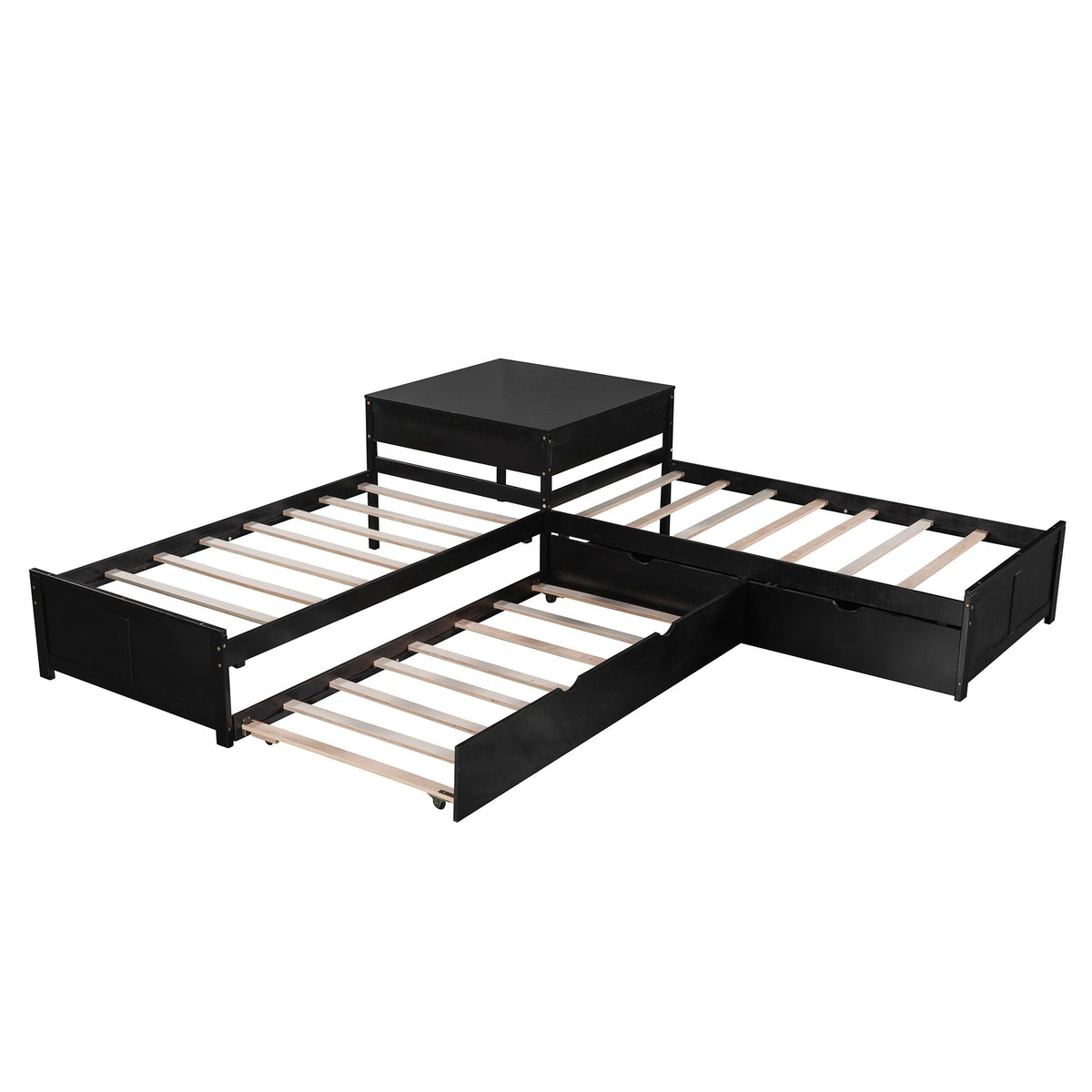 HouseOfZazla L-shaped platform bed with built-in desk, trundle and drawers in black metal on Tampa Home & Garden Store