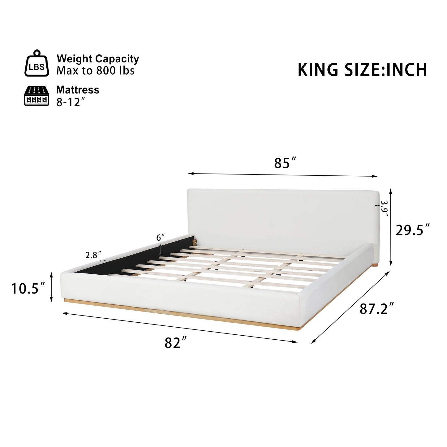 Elegant king upholstered bed with solid wood frame, white fabric, slatted base HouseOfZazla on Tampa Home & Garden Store