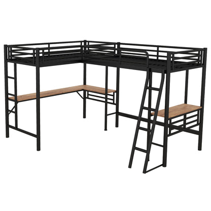 Twin loft bed with 2 built-in desks in black metal frame with wood desks, mission style on Tampa Home & Garden Store