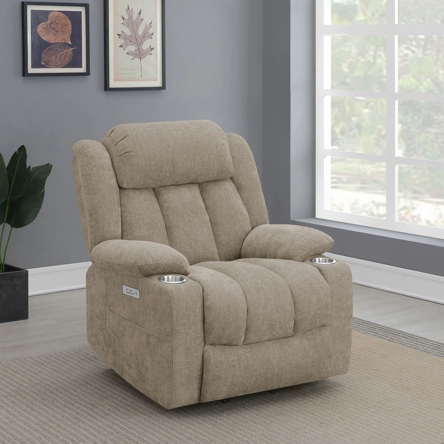 Beca upholstered power lift recliner with cupholders and USB charging in beige fabric on Tampa Home & Garden Store