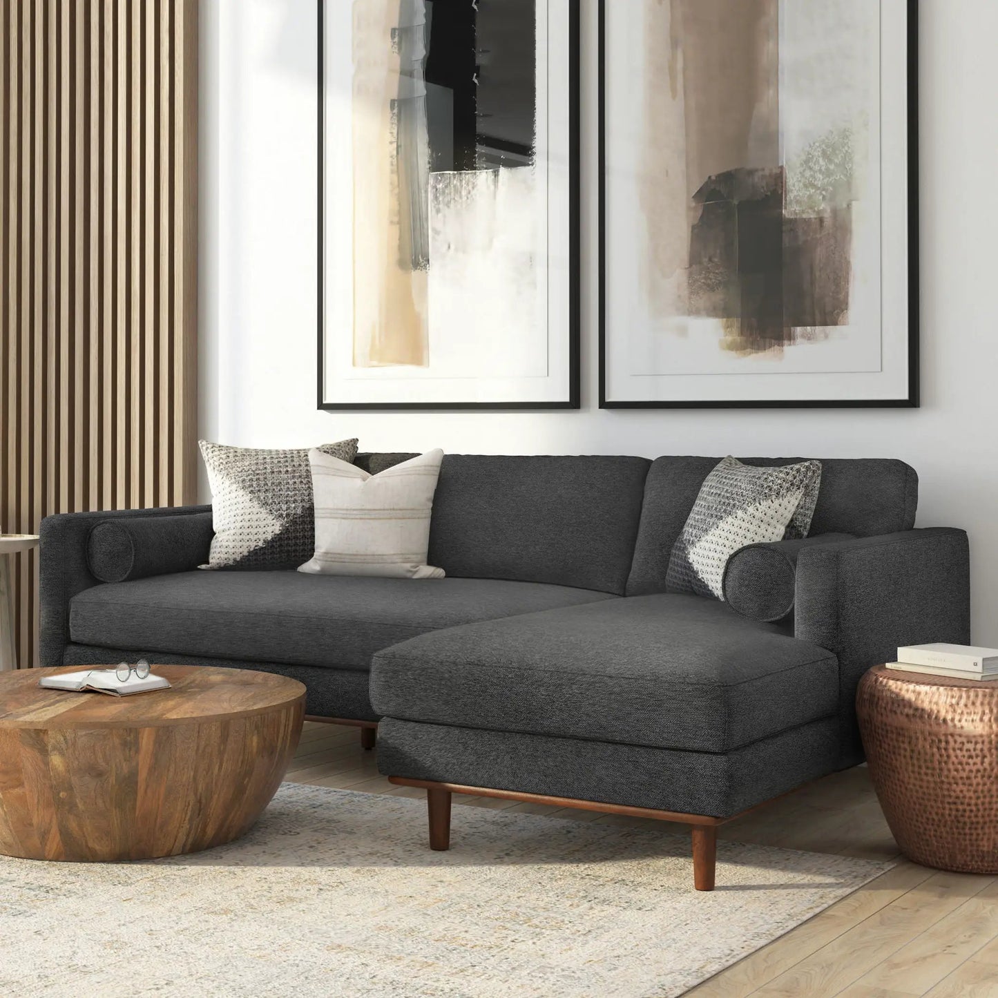 Morrison Upholstered Sectional Sofa in dark charcoal fabric with wood legs on Tampa Home & Garden Store
