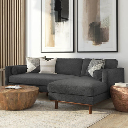 Morrison Upholstered Sectional Sofa in dark charcoal fabric with wood legs on Tampa Home & Garden Store