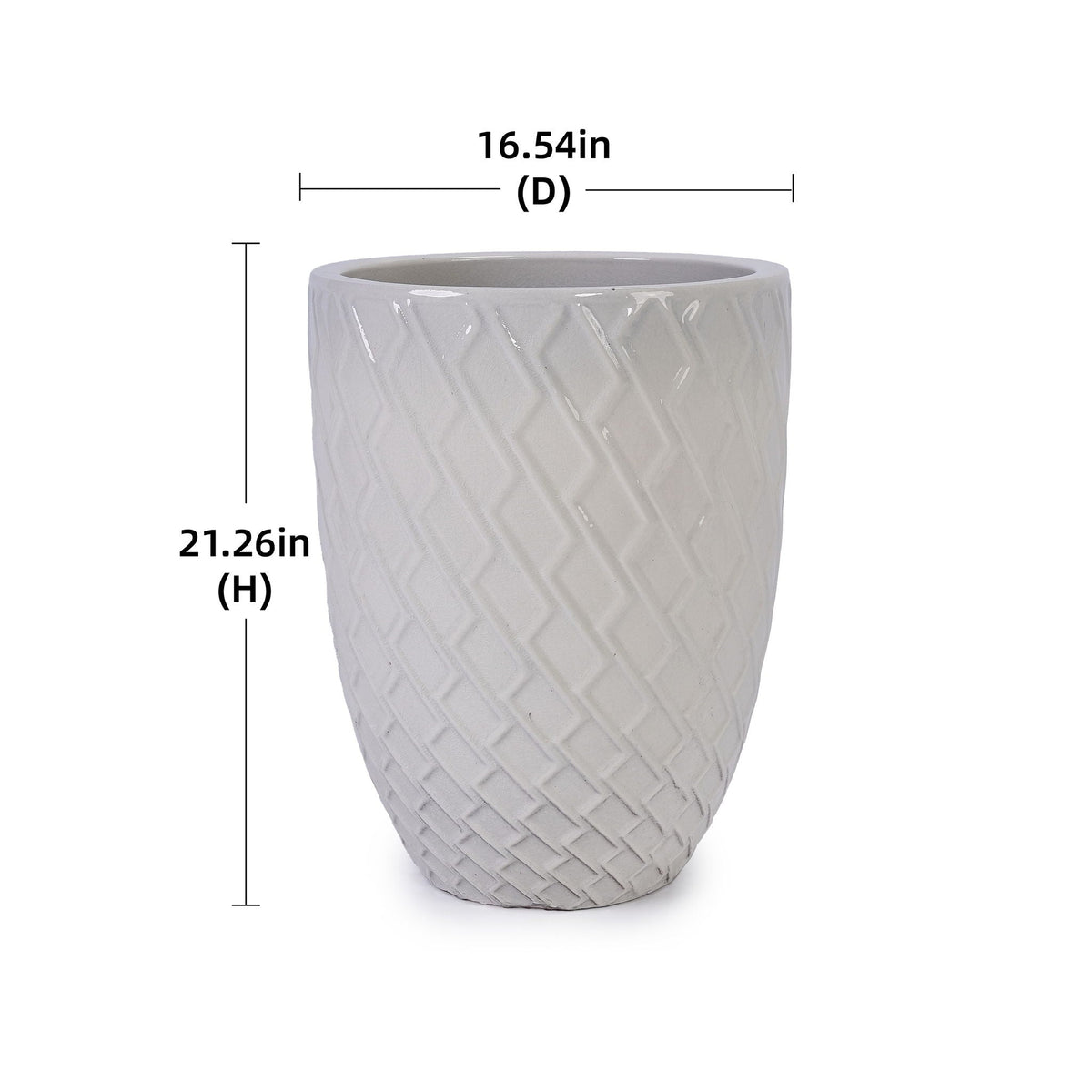 Ceramic flowerpot planter with a textured diagonal pattern in light gray, 16.54in dia on Tampa Home & Garden Store