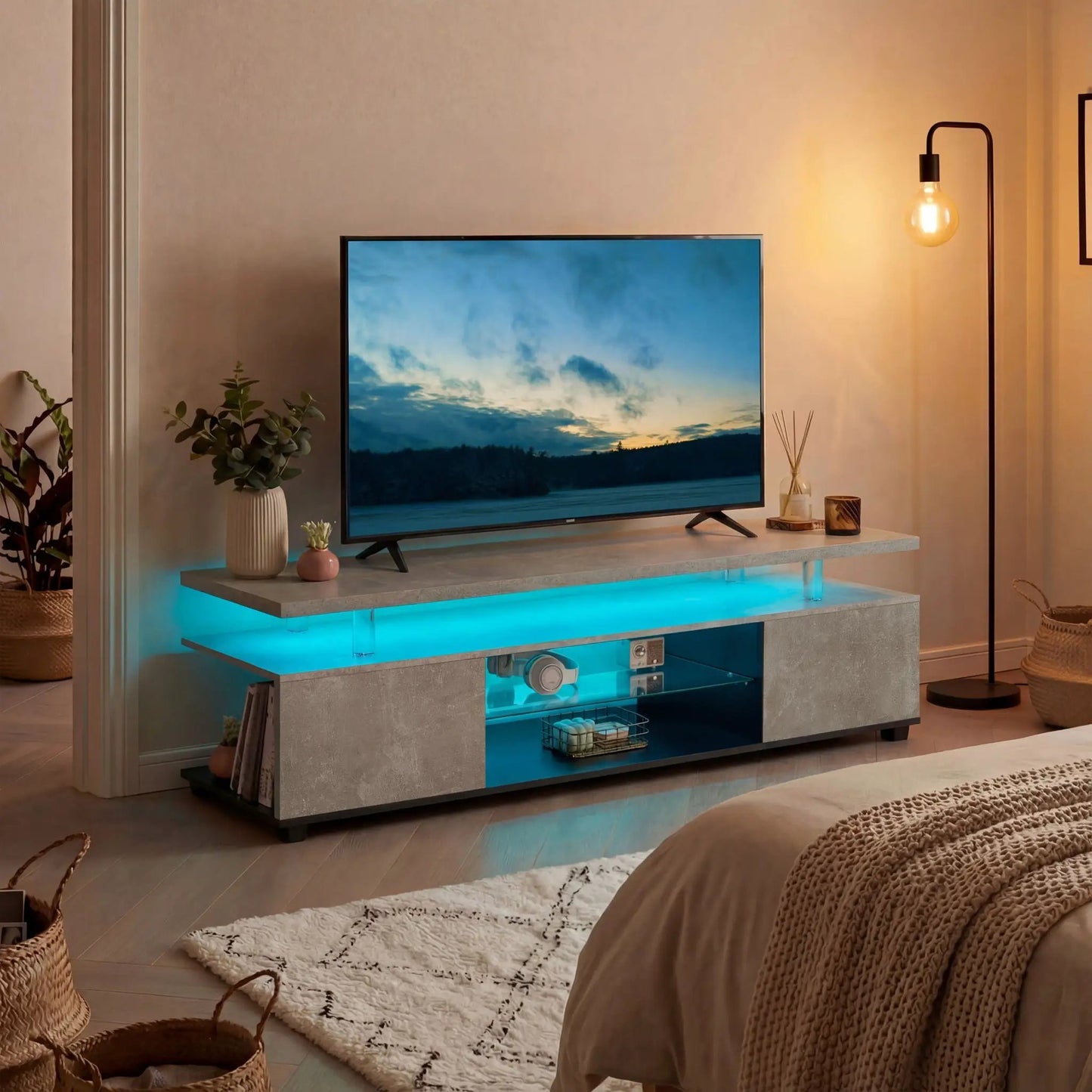 TV stand with LED lighting, gray stone finish, large side cabinet, supports flat-screen TV on Tampa Home & Garden Store