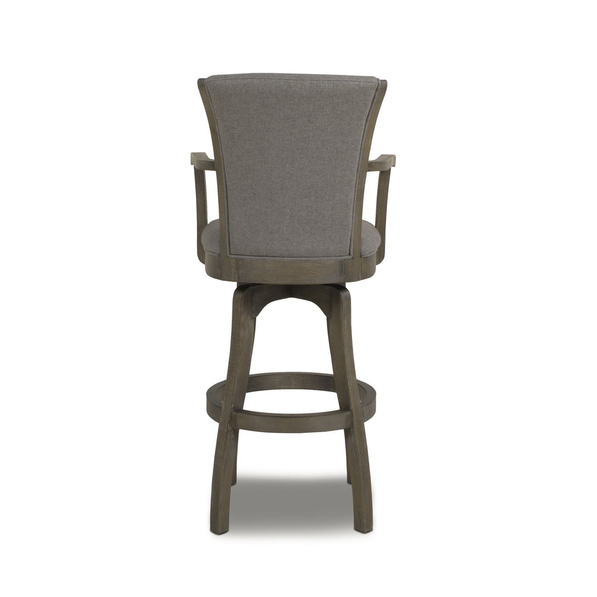 Williams Swivel Bar Stool with Armrests in gray fabric upholstery, solid hardwood frame, bar-height 28-30 in on Tampa Home & Garden Store