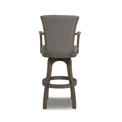 Williams Swivel Bar Stool with Armrests in gray fabric upholstery, solid hardwood frame, bar-height 28-30 in on Tampa Home & Garden Store