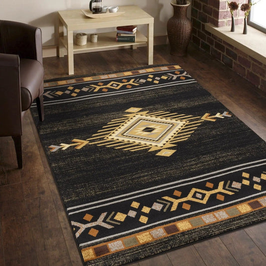Tribes GC_YLS4001 Southwest area rug, black with geometric gold motif on Tampa Home & Garden Store