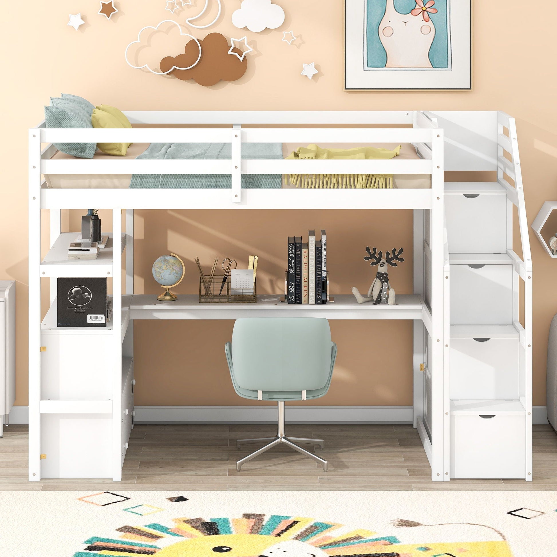 White loft bed with desk, built-in shelves and storage staircase on Tampa Home & Garden Store