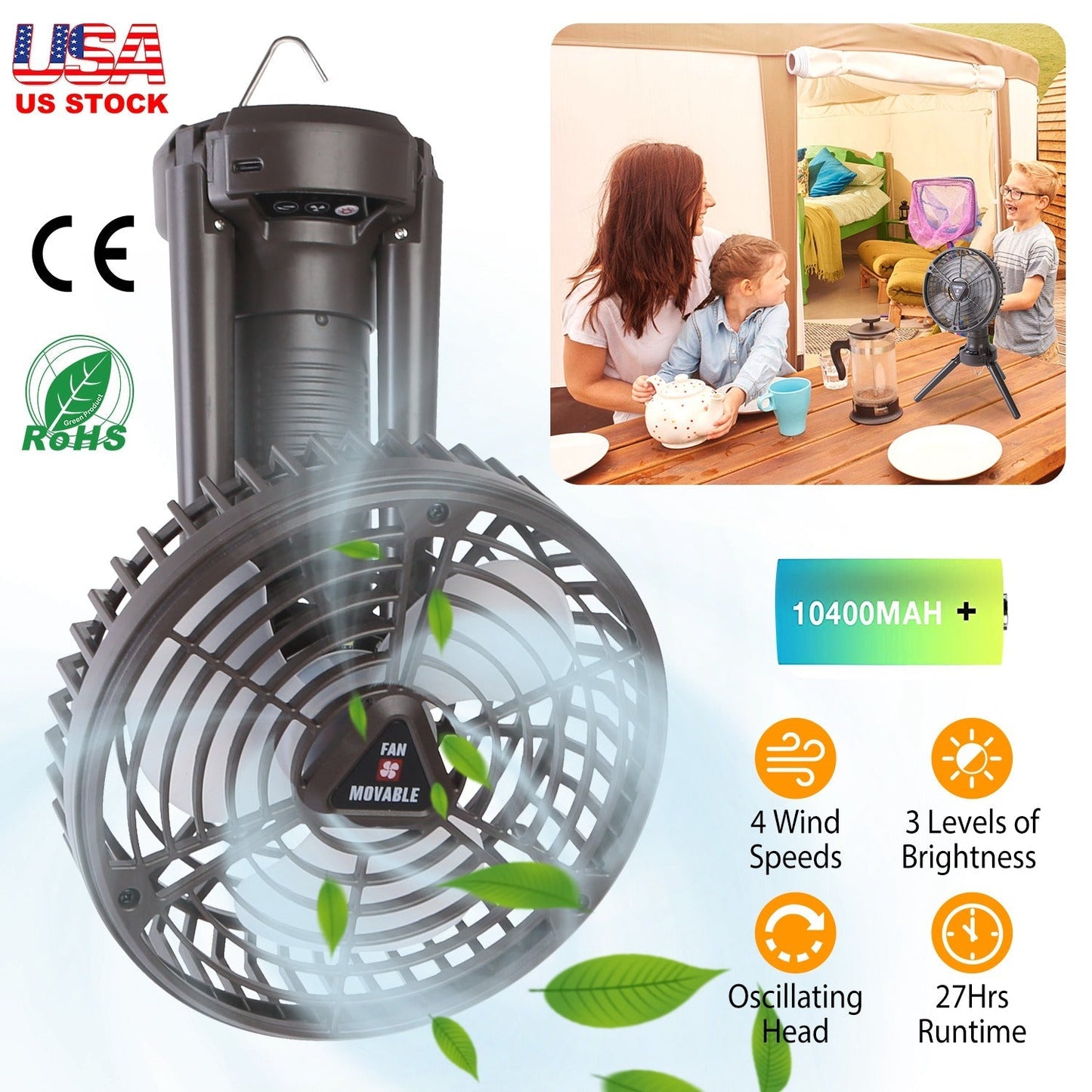 GemGear 10400mAh portable camping fan with LED light, black oscillating tripod/table fan on Tampa Home & Garden Store