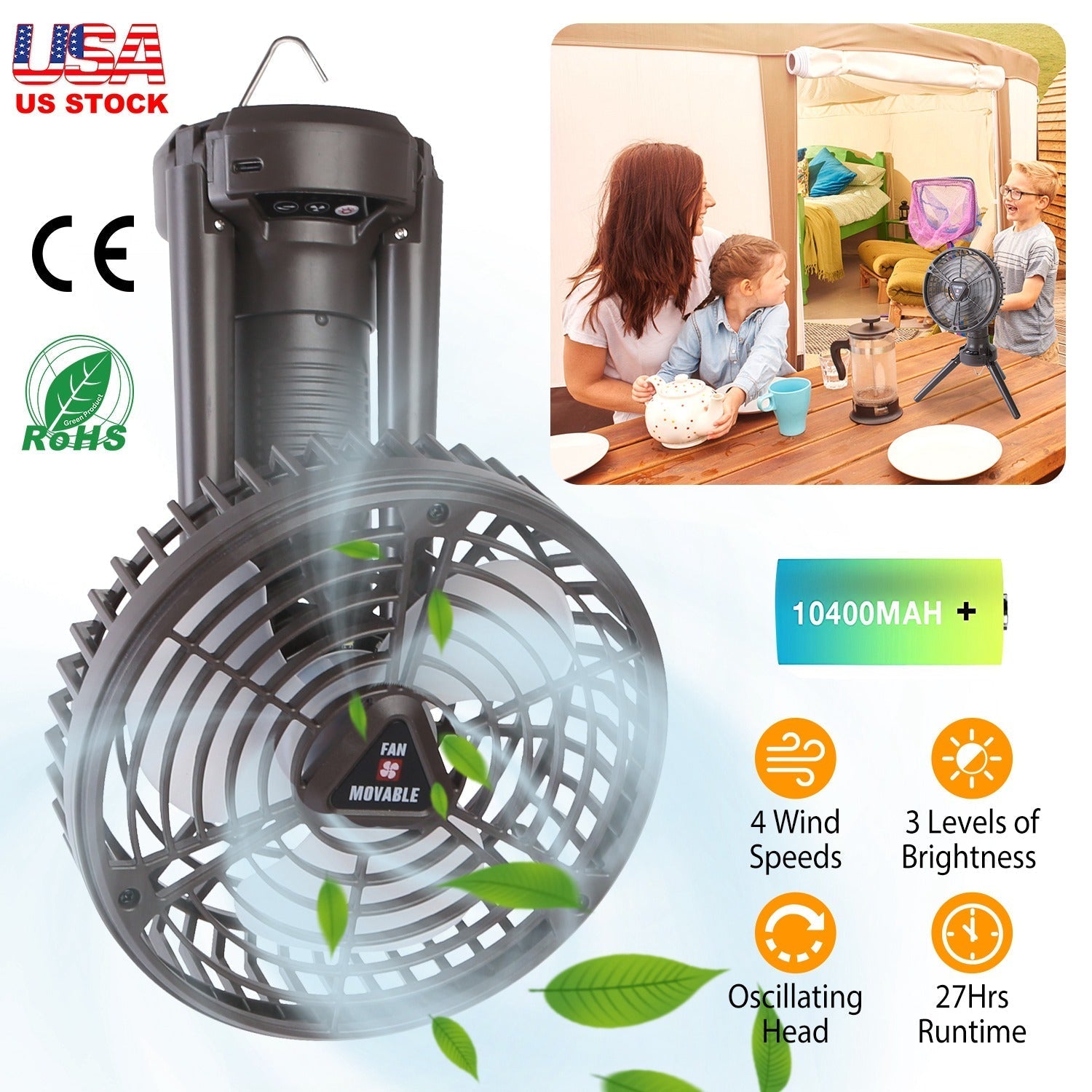GemGear 10400mAh portable camping fan with LED light, black oscillating tripod/table fan on Tampa Home & Garden Store