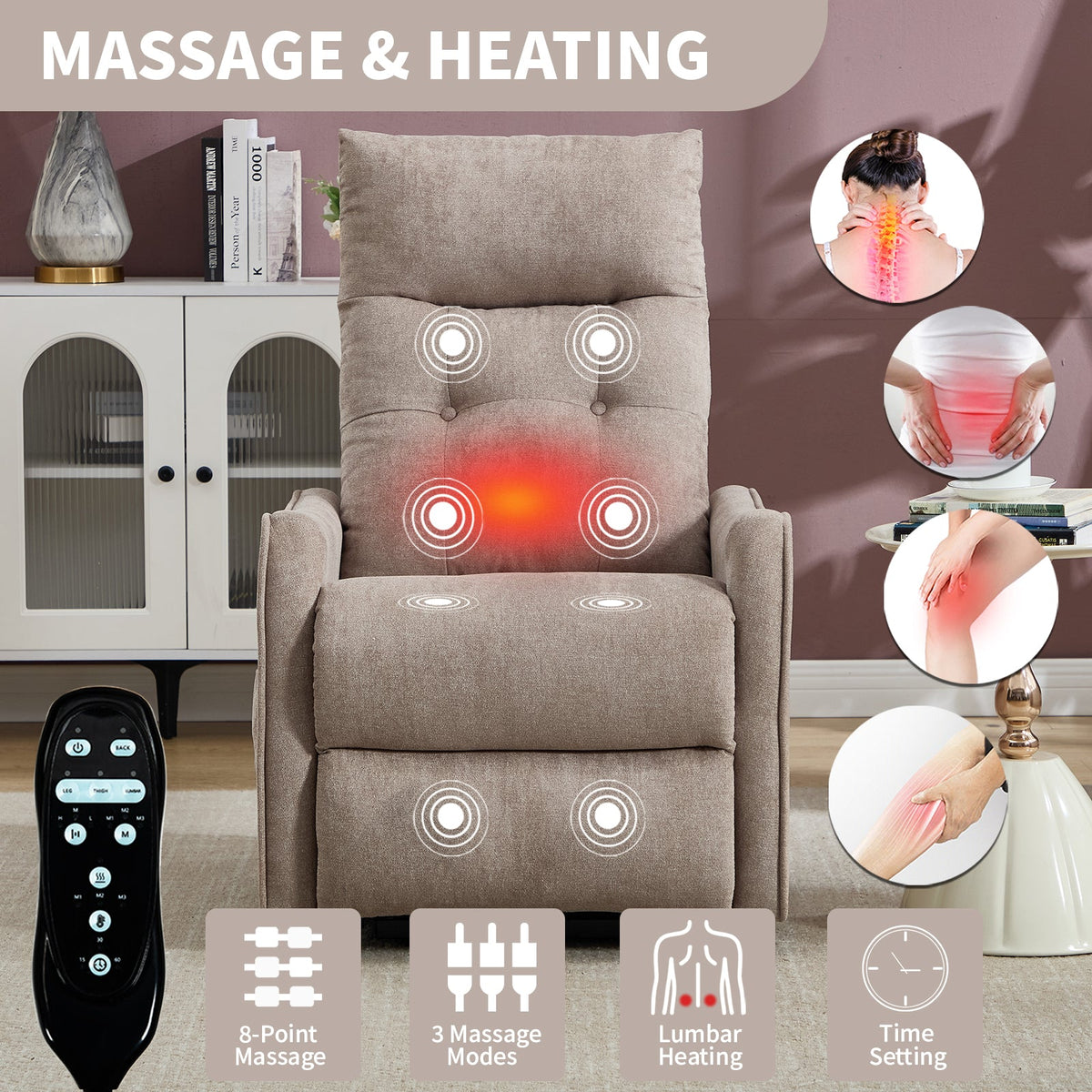 Khaki chenille power lift recliner chair with massage and heat by HouseOfZazla; remote visible on Tampa Home & Garden Store