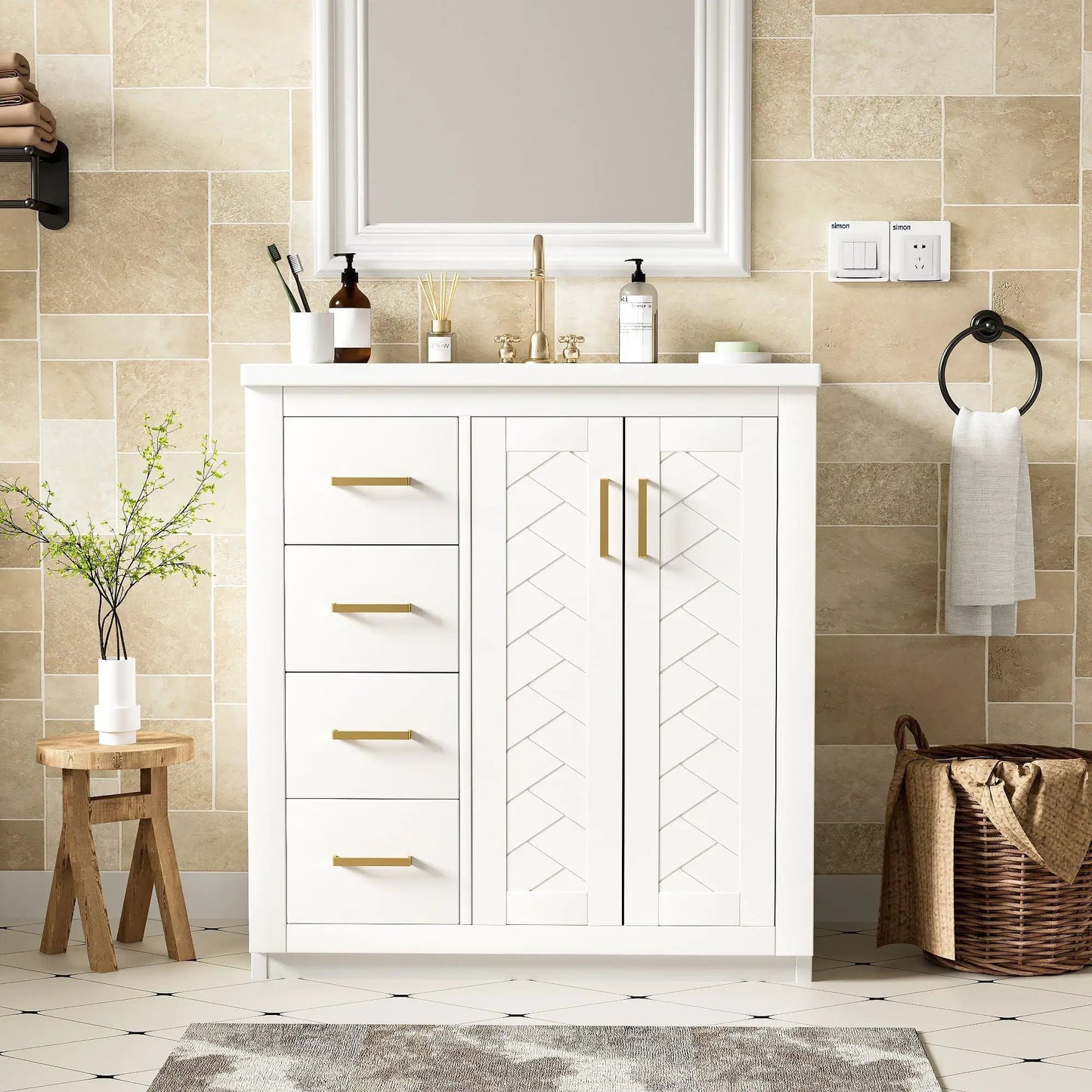 Ceramic sink vanity, white cabinet with 3 drawers and brass faucet and gold hardware on Tampa Home & Garden Store